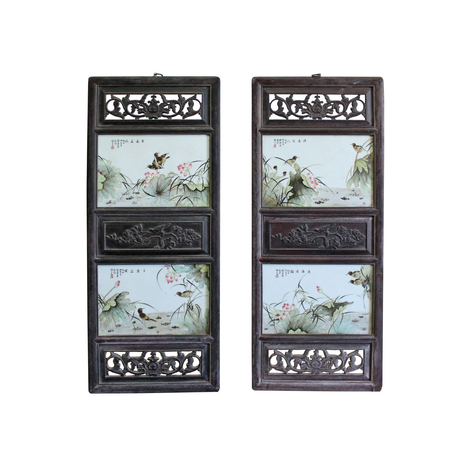 Chinese Vintage Pair Flower Birds Graphic Porcelain Wood Wall Panels Art - 7