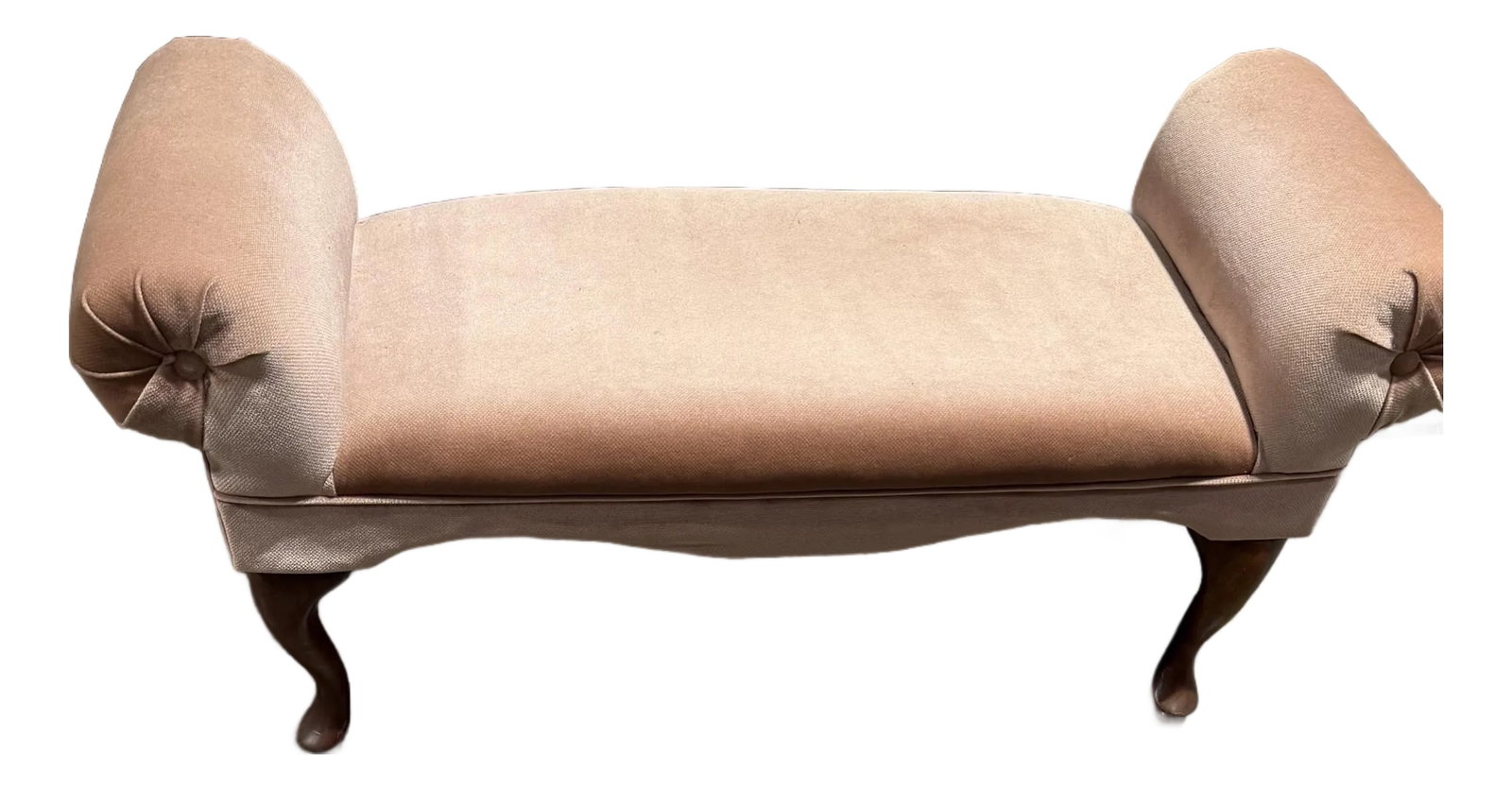 Dusty Pink Rolled Arm Accent Bench: This charming accent bench offers both aesthetic appeal and functional seating surface. This elegant bench features classic double rolled arms in a soft, plush dusty pink upholstery with gracefully
