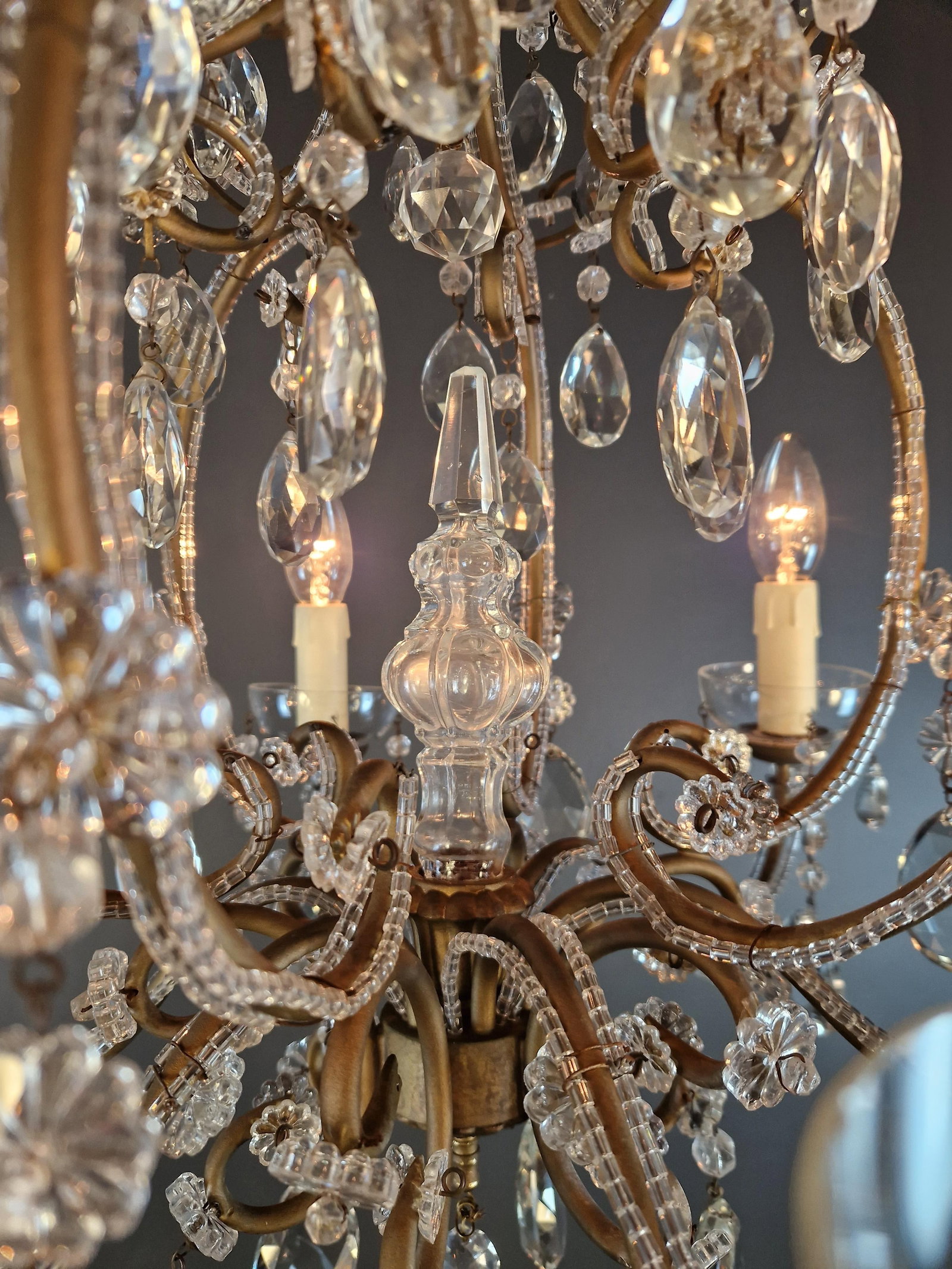 Antique French Louis XVI Style Chandelier Restored Crystal Drops Brass - 10
