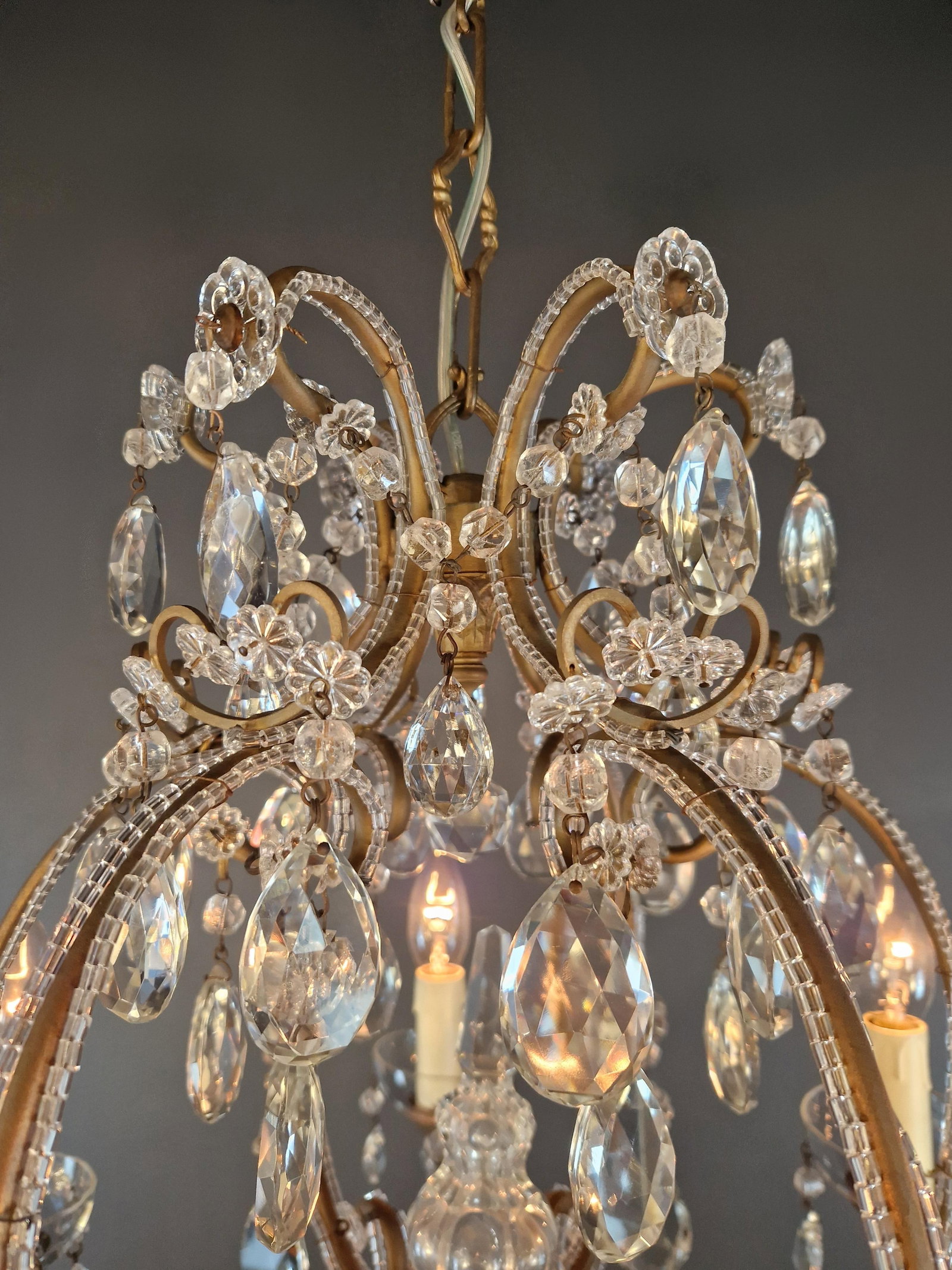 Antique French Louis XVI Style Chandelier Restored Crystal Drops Brass - 11
