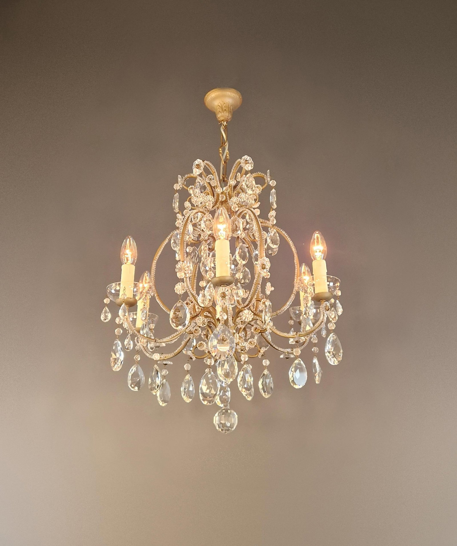 Antique French Louis XVI Style Chandelier Restored Crystal Drops Brass - 2