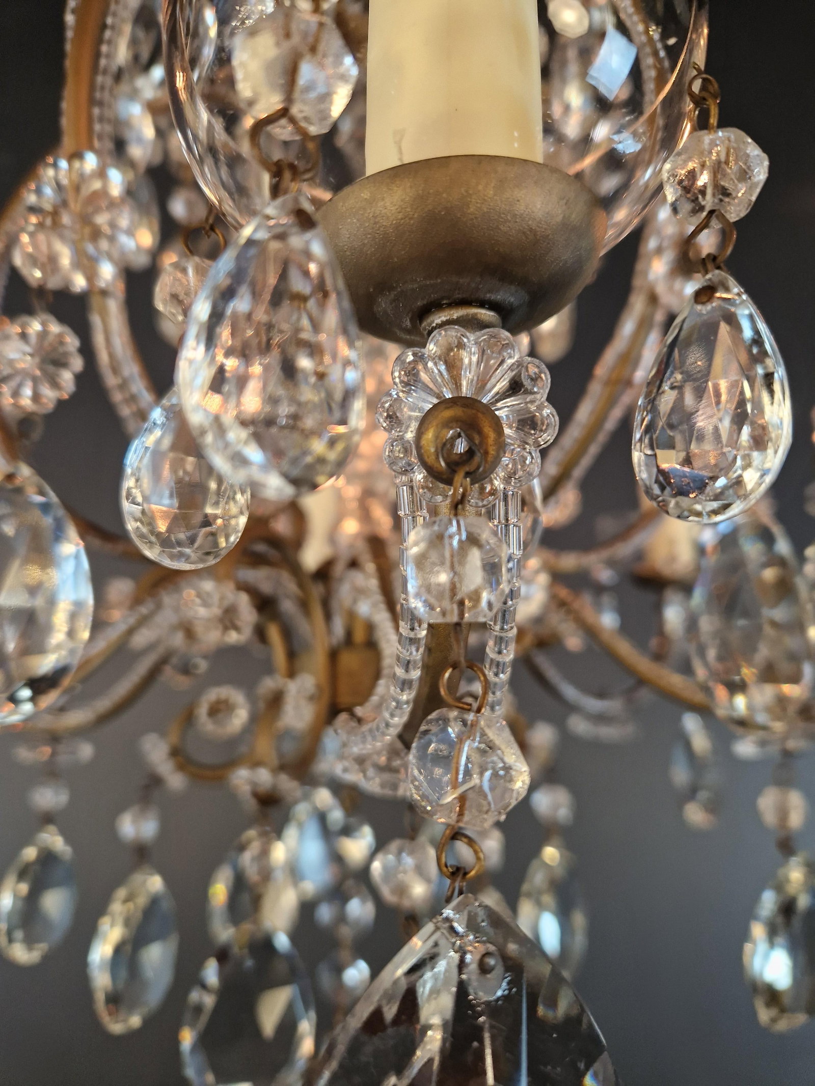 Antique French Louis XVI Style Chandelier Restored Crystal Drops Brass - 3