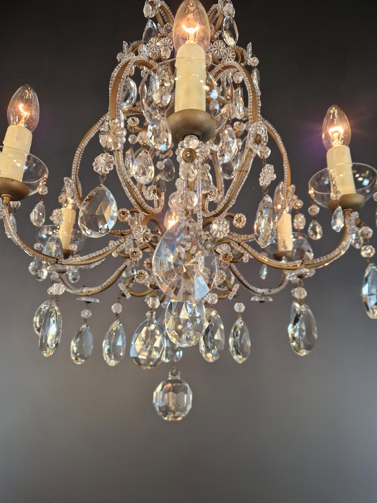 Antique French Louis XVI Style Chandelier Restored Crystal Drops Brass - 4