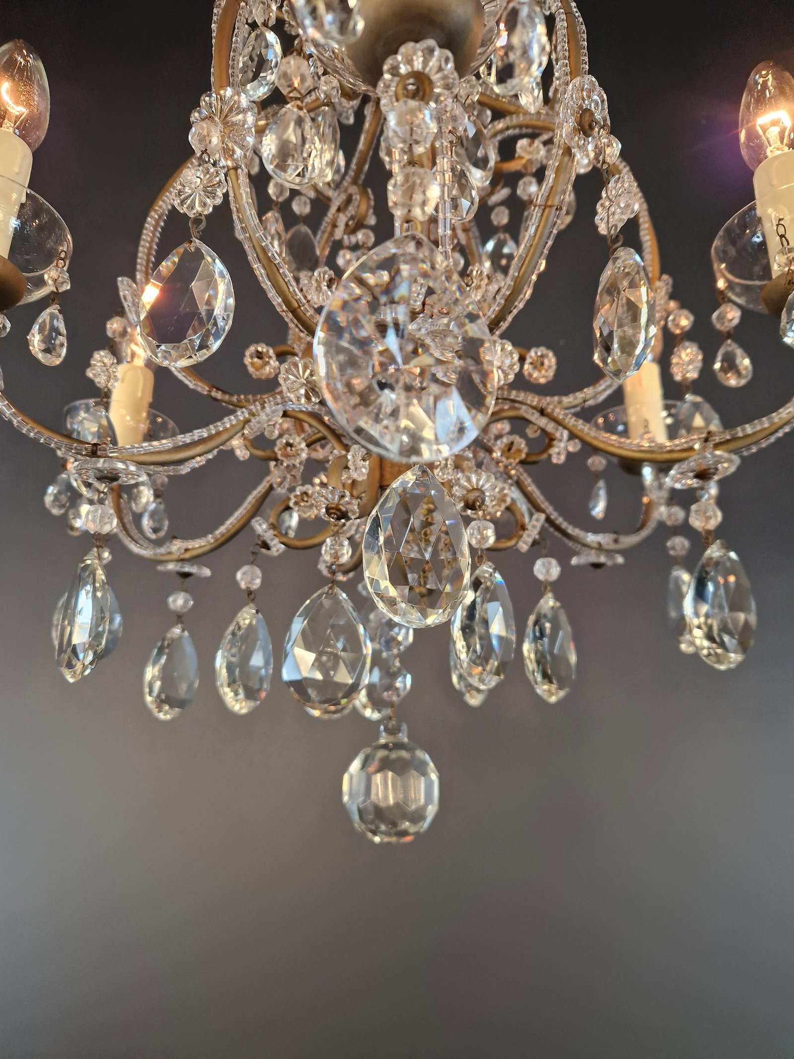 Antique French Louis XVI Style Chandelier Restored Crystal Drops Brass - 5