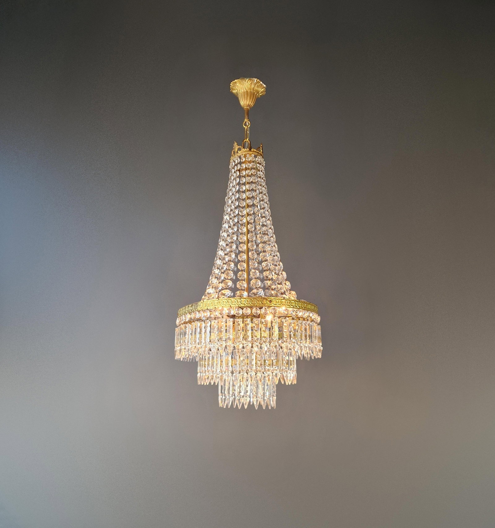 Antique Art Nouveau Low Oval Plafonnier Crystal Chandelier Brass Lustre Ceiling - 2