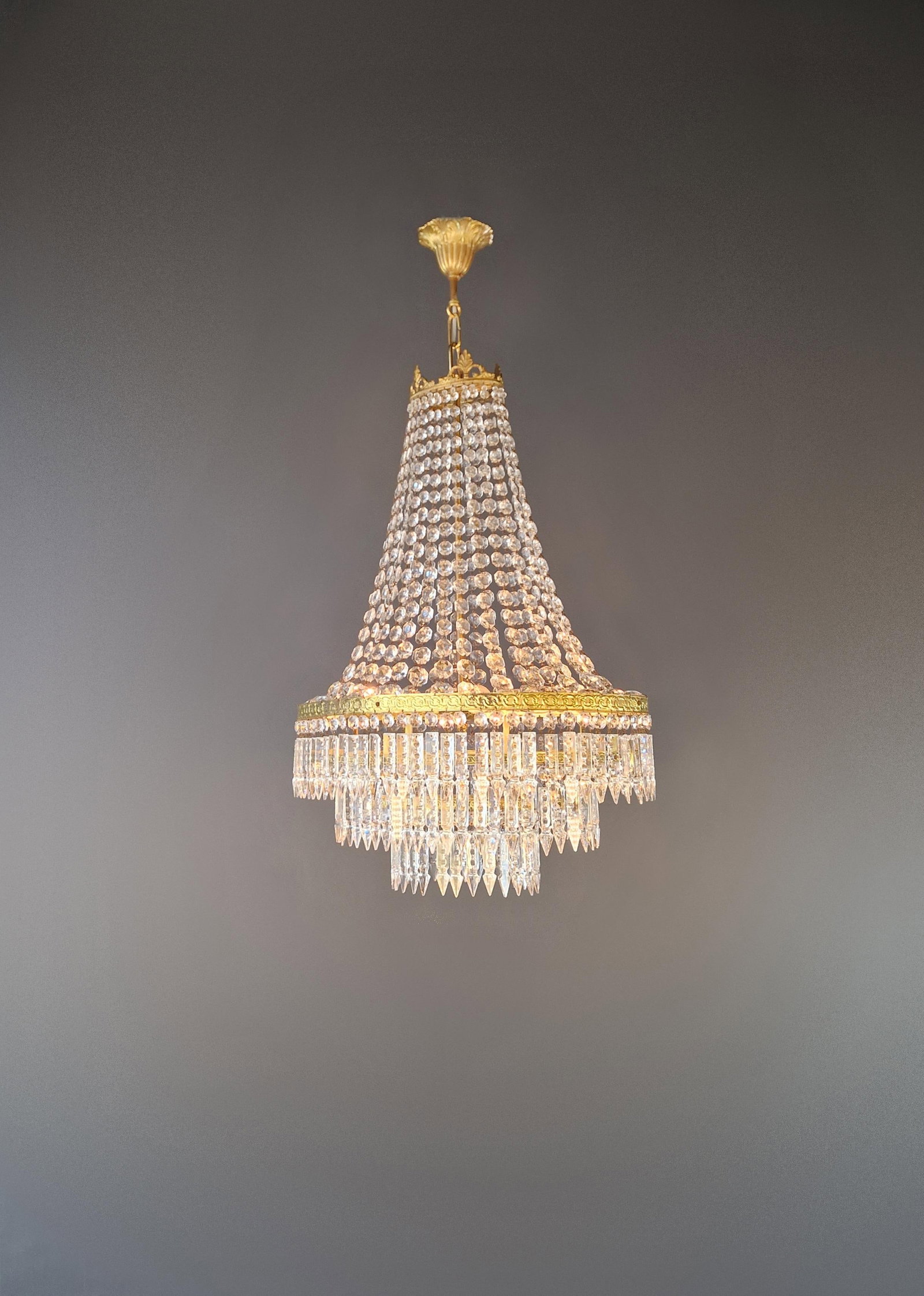Antique Art Nouveau Low Oval Plafonnier Crystal Chandelier Brass Lustre Ceiling - 3