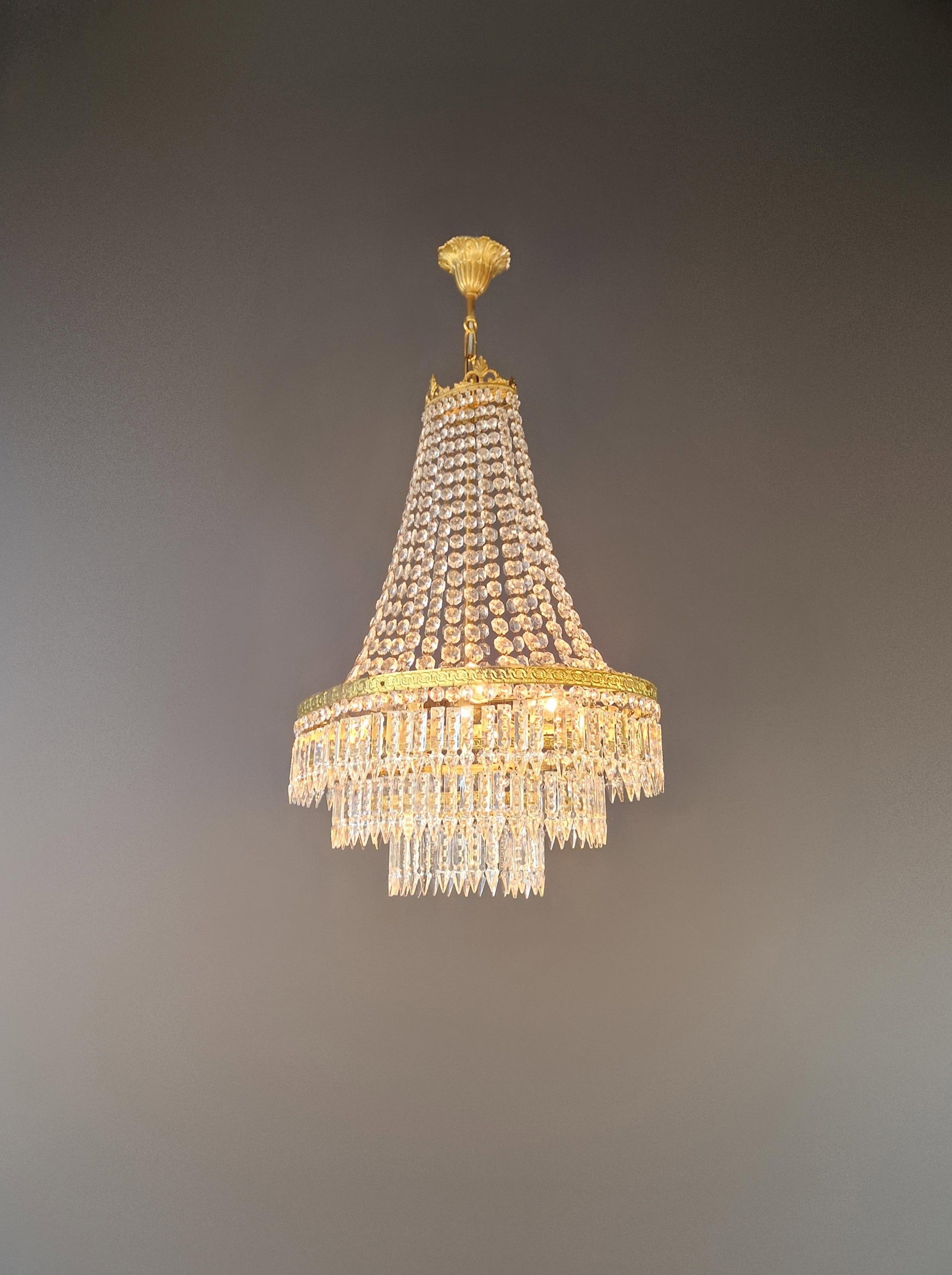 Antique Art Nouveau Low Oval Plafonnier Crystal Chandelier Brass Lustre Ceiling - 4