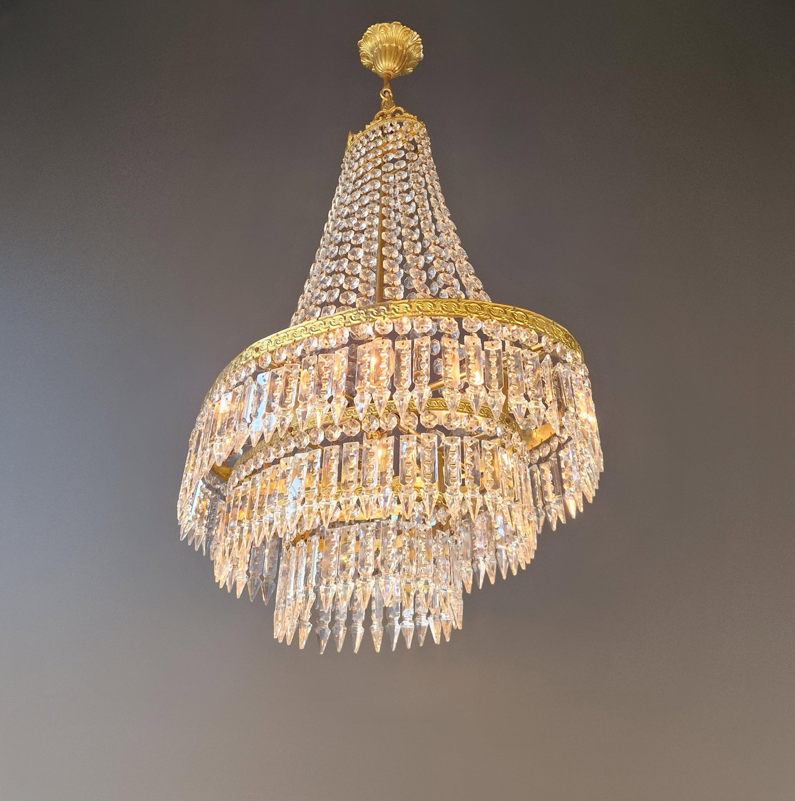 Antique Art Nouveau Low Oval Plafonnier Crystal Chandelier Brass Lustre Ceiling - 5