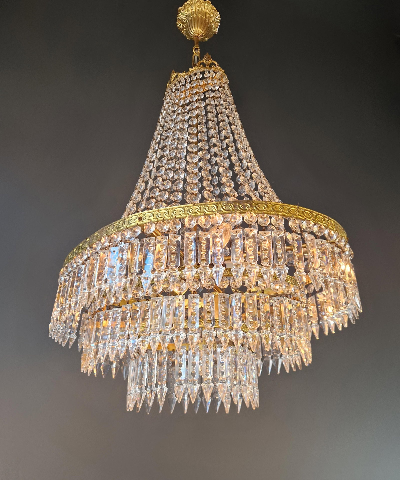 Antique Art Nouveau Low Oval Plafonnier Crystal Chandelier Brass Lustre Ceiling - 6
