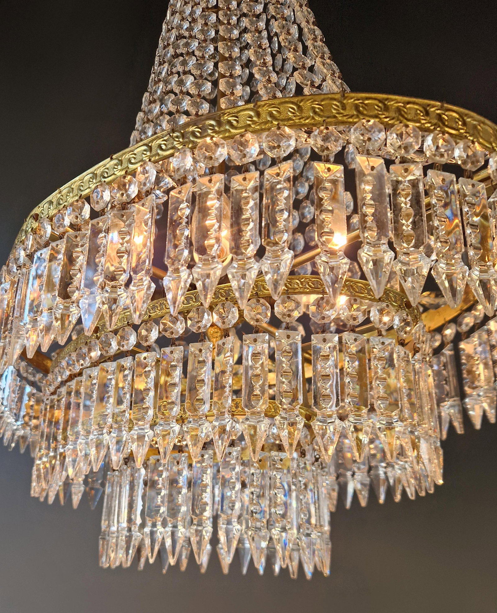Antique Art Nouveau Low Oval Plafonnier Crystal Chandelier Brass Lustre Ceiling - 7