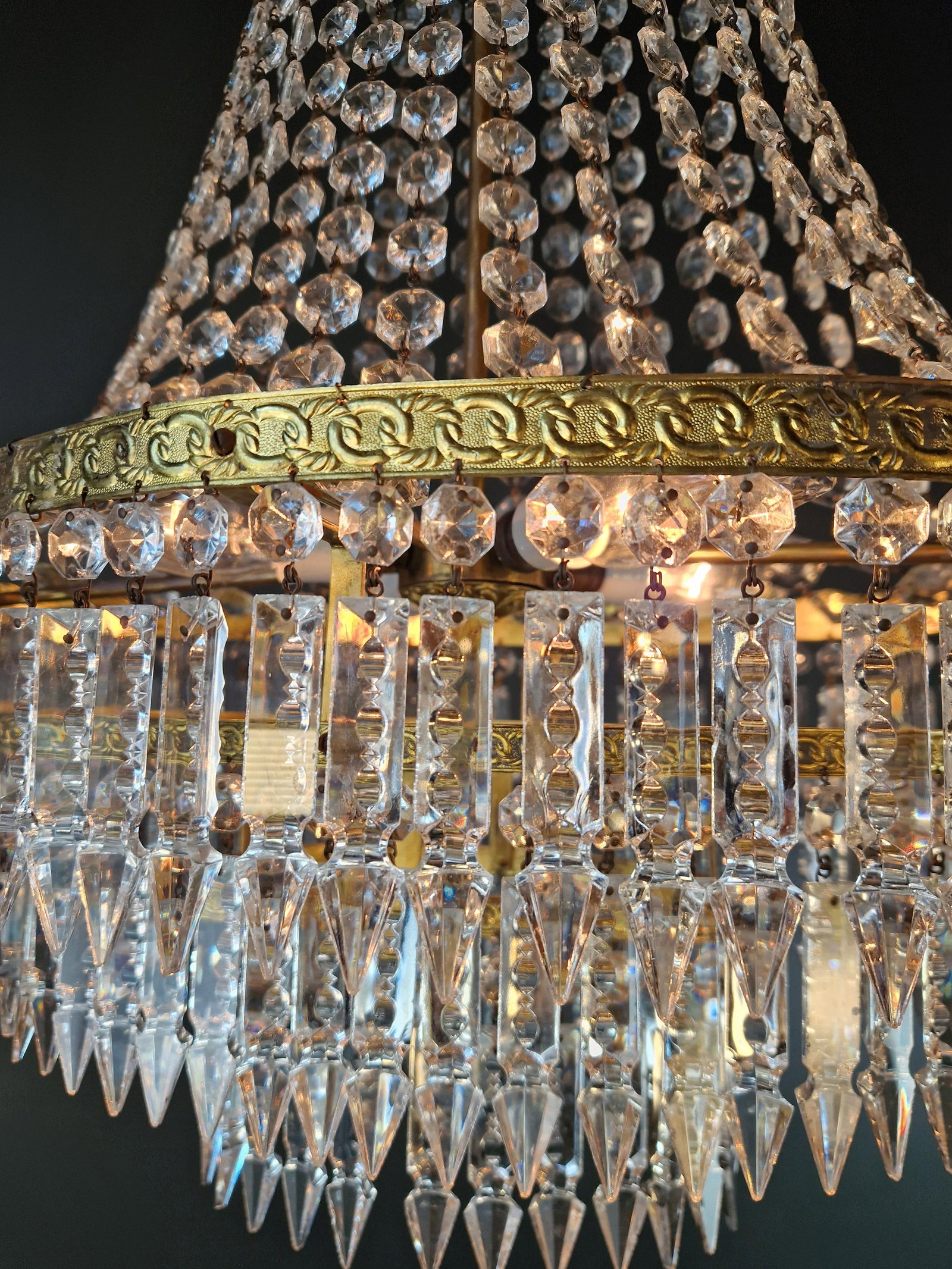 Antique Art Nouveau Low Oval Plafonnier Crystal Chandelier Brass Lustre Ceiling - 8