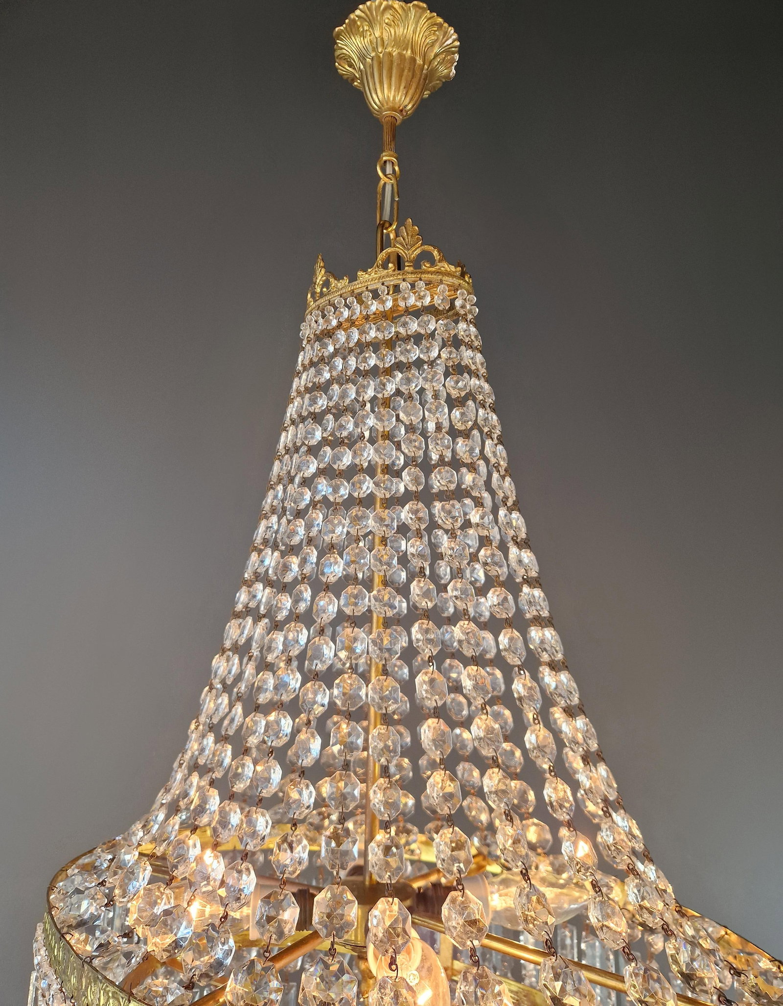 Antique Art Nouveau Low Oval Plafonnier Crystal Chandelier Brass Lustre Ceiling - 9