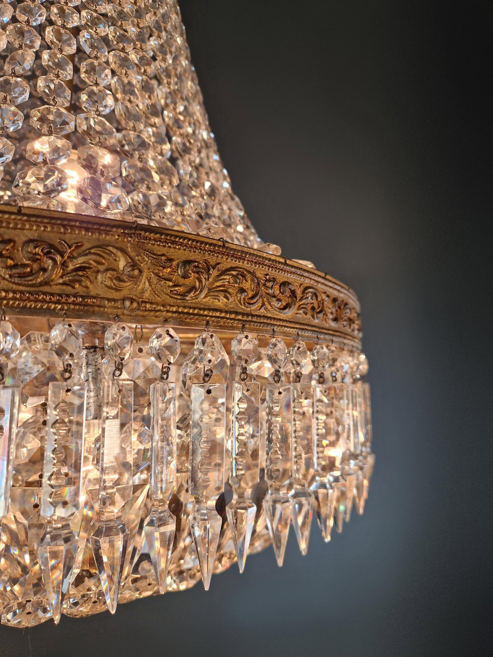 Antique Baroque Chandelier Crystal Empire Brass Bohemian Lustre Ceiling - 15