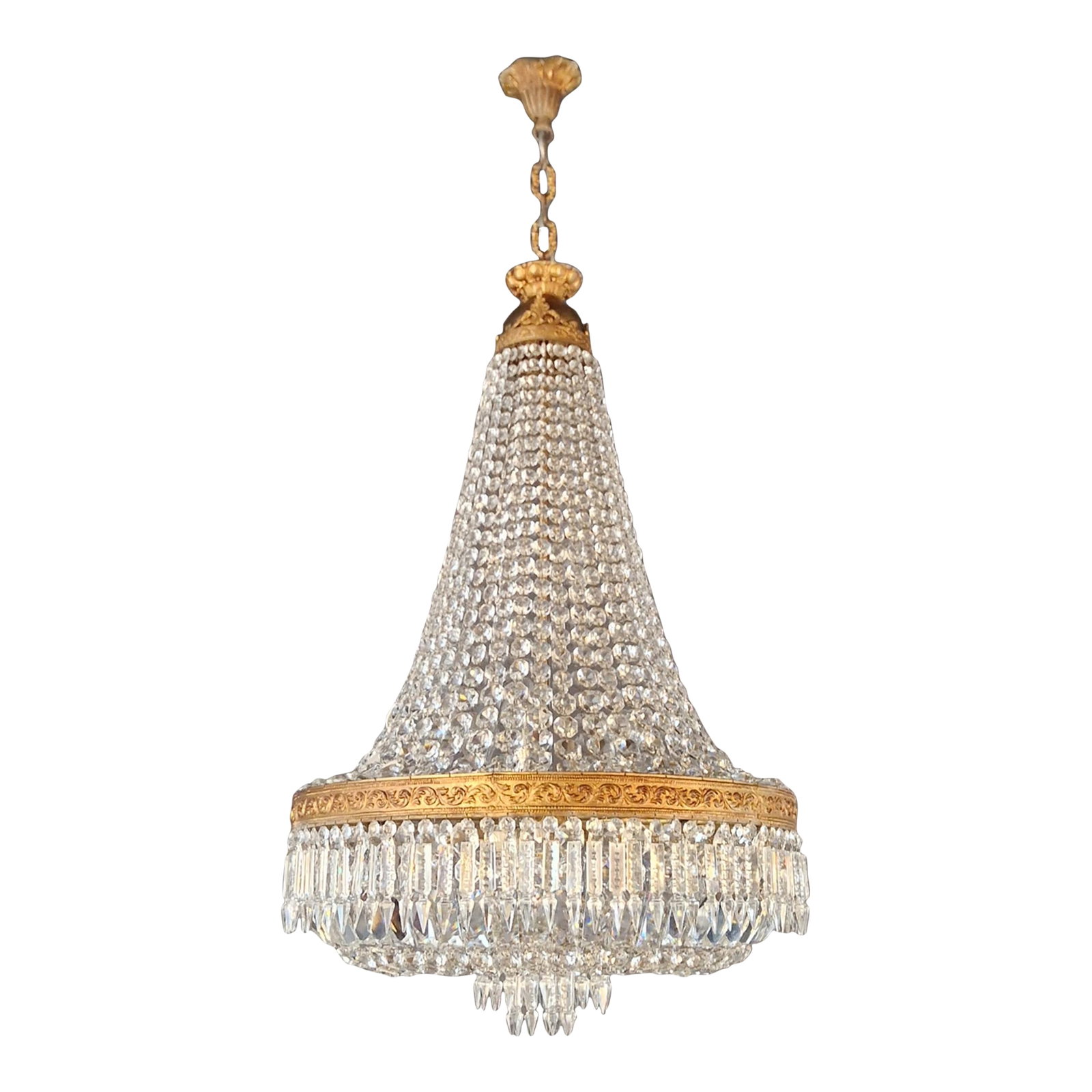 Antique Baroque Chandelier Crystal Empire Brass Bohemian Lustre Ceiling: We present to you an exquisite Baroque brass chandelier, a true rarity and an antique gem. This chandelier has been lovingly and expertly restored in Berlin, and its electrical wiring has been