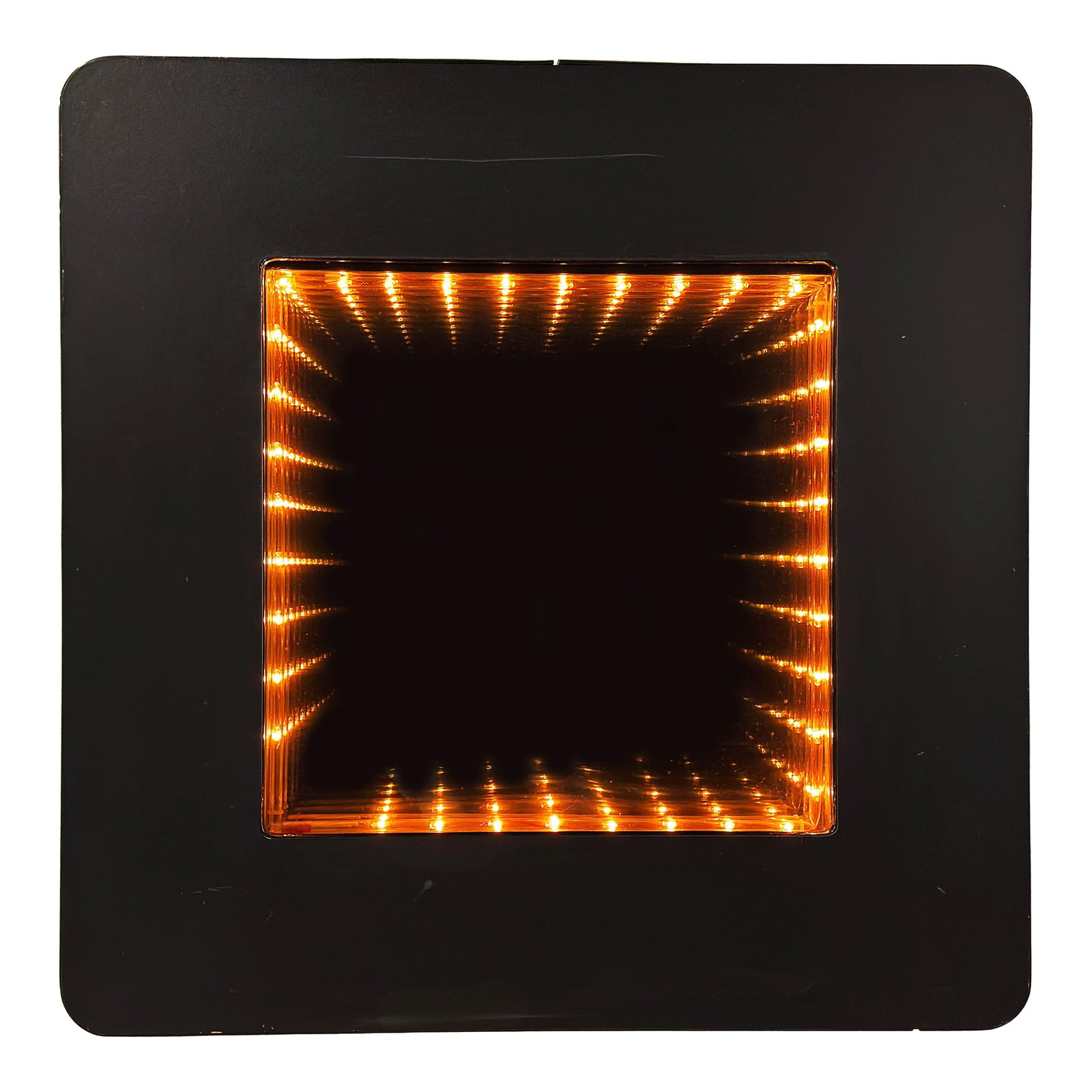 Vintage c.1970's/80's Infinity Mirror Wall Light in Matte Black: This wall-mounted infinity mirror creates the classic receding tunnel of light effect using amber bulbs set between two parallel mirrors, producing the illusion of depth in a square format. The