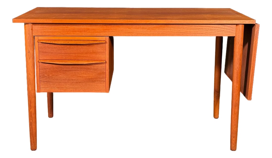 Danish Modern Teak Drop-Leaf Writing Desk With Two Drawers, Denmark, 1960s: This clean-lined Danish teak desk has a drop-leaf extension on the right side that nearly doubles the work surface when raised, making it a practical choice for smaller spaces that benefit from
