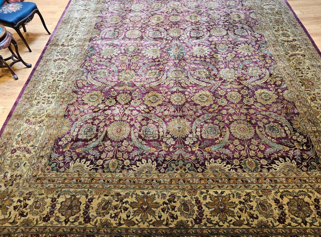 Vintage Oversize Kerman Design Rug in Royal Purple, Green, Cream, Gold, Blue - 6