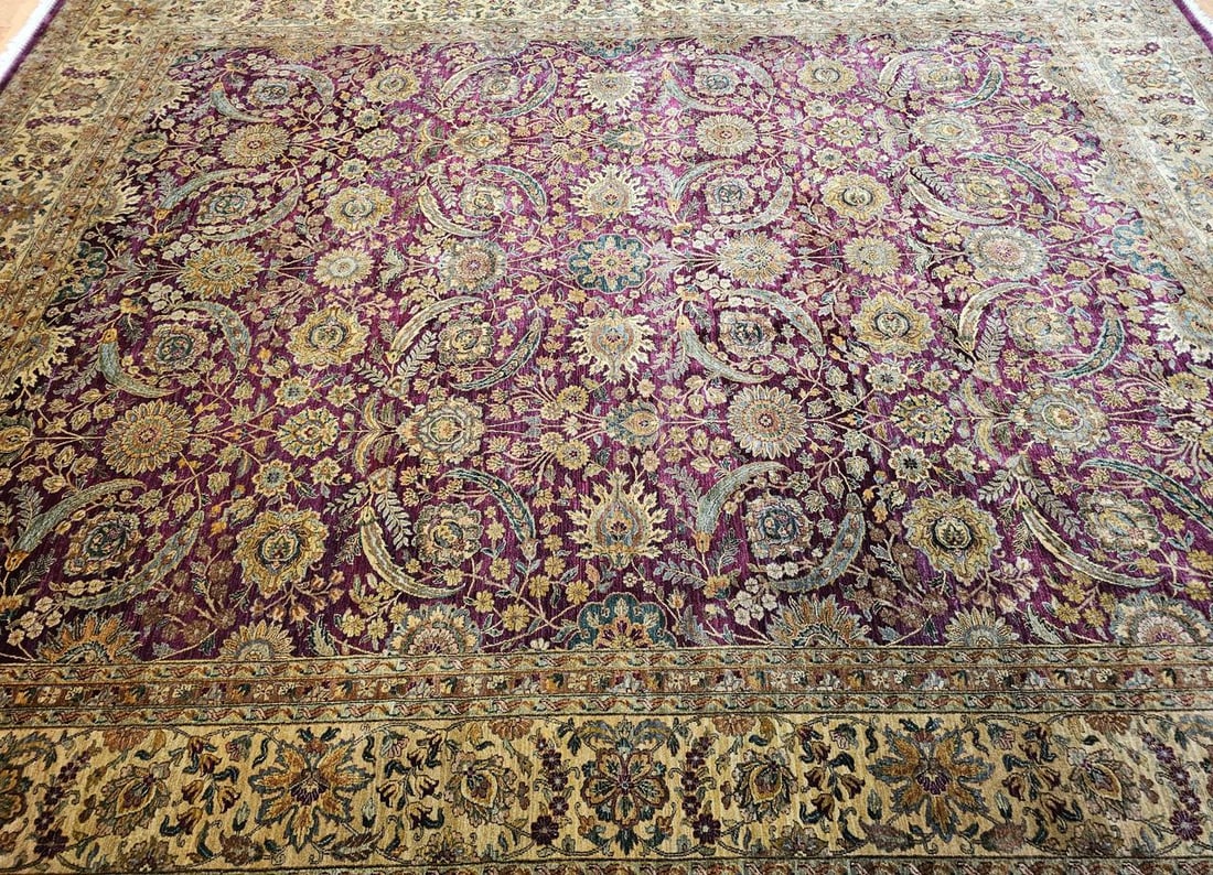 Vintage Oversize Kerman Design Rug in Royal Purple, Green, Cream, Gold, Blue - 7