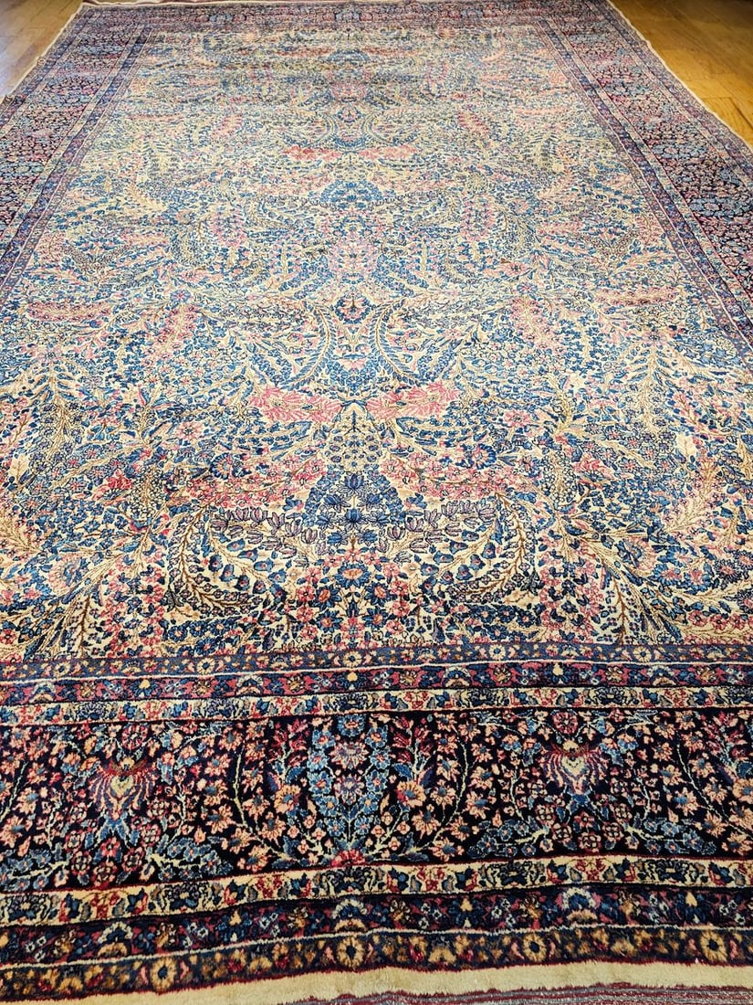Antique Persian Kerman Lavar Oversized Hand-Knotted Rug in Allover Floral Design - 8