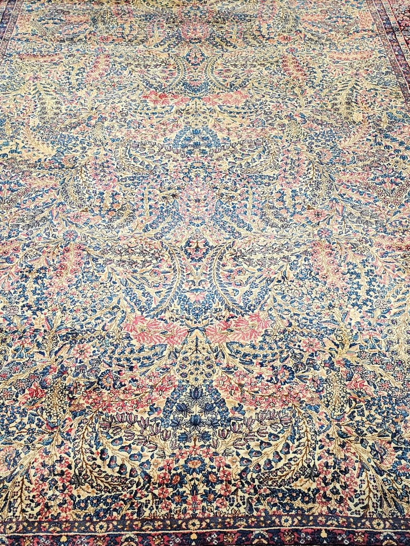 Antique Persian Kerman Lavar Oversized Hand-Knotted Rug in Allover Floral Design - 9