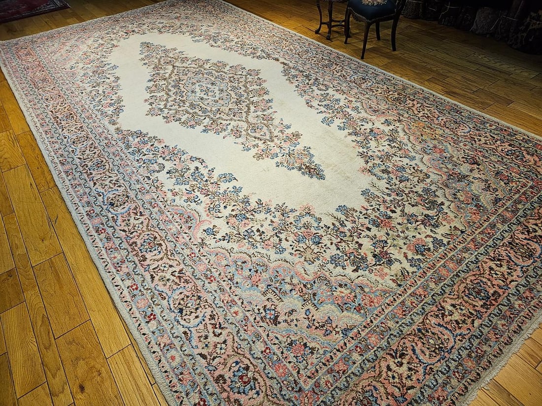 Vintage Persian Qazvin Oversize Rug, Hand-Knotted Floral Medallion, Ivory - 4