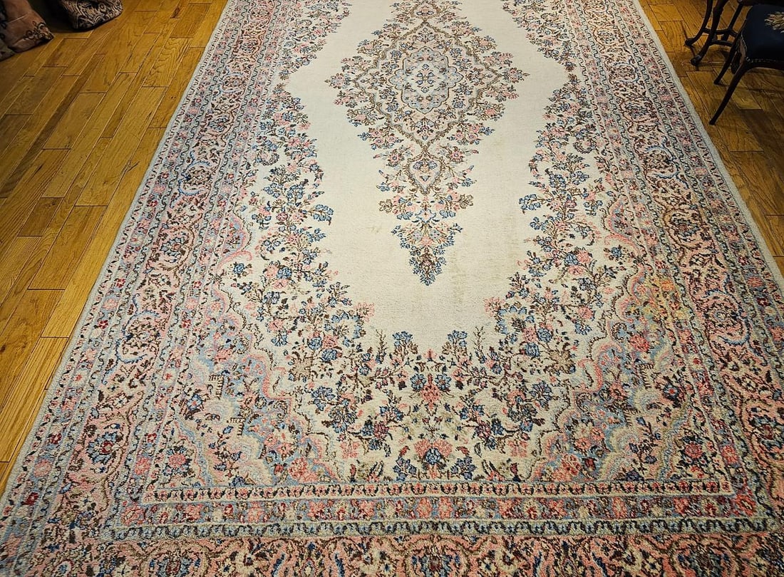 Vintage Persian Qazvin Oversize Rug, Hand-Knotted Floral Medallion, Ivory - 5