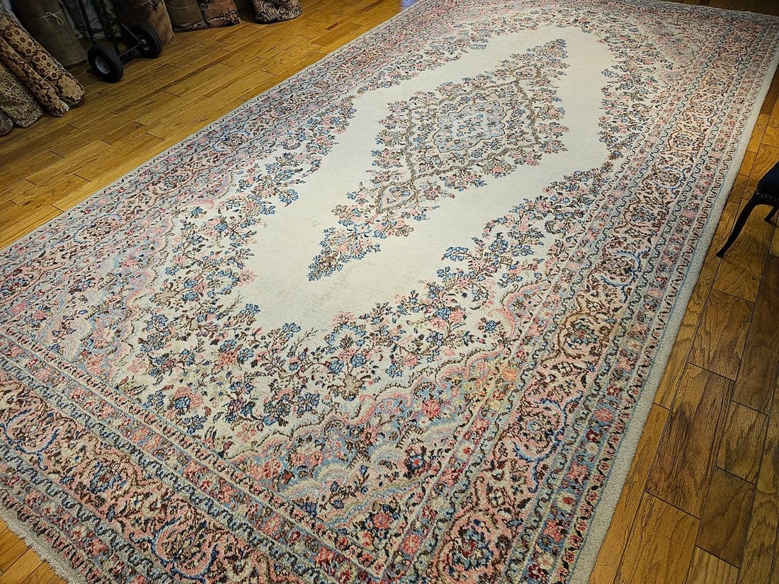Vintage Persian Qazvin Oversize Rug, Hand-Knotted Floral Medallion, Ivory - 6