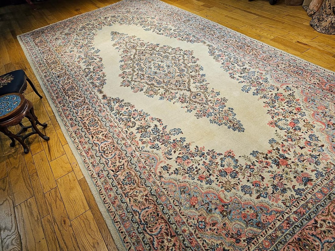 Vintage Persian Qazvin Oversize Rug, Hand-Knotted Floral Medallion, Ivory - 8