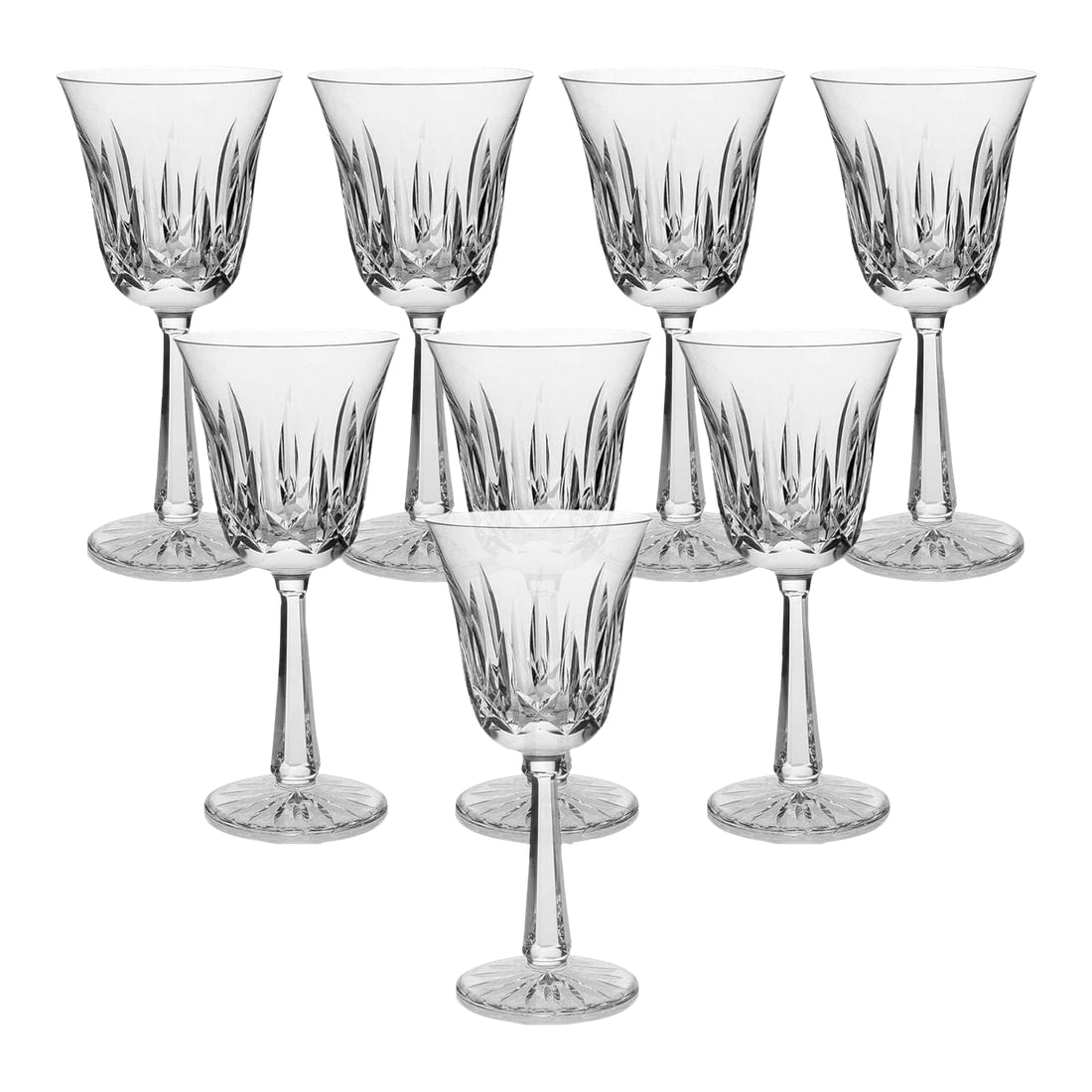 Waterford Ballyshannon Crystal Wine Goblets, Set of 8: Mid 20th century Waterford crystal wine goblets in the Ballyshannon pattern, featuring deep wedge and fan cutting that creates brilliant light reflection across the bowl. The elegant tapered bowl