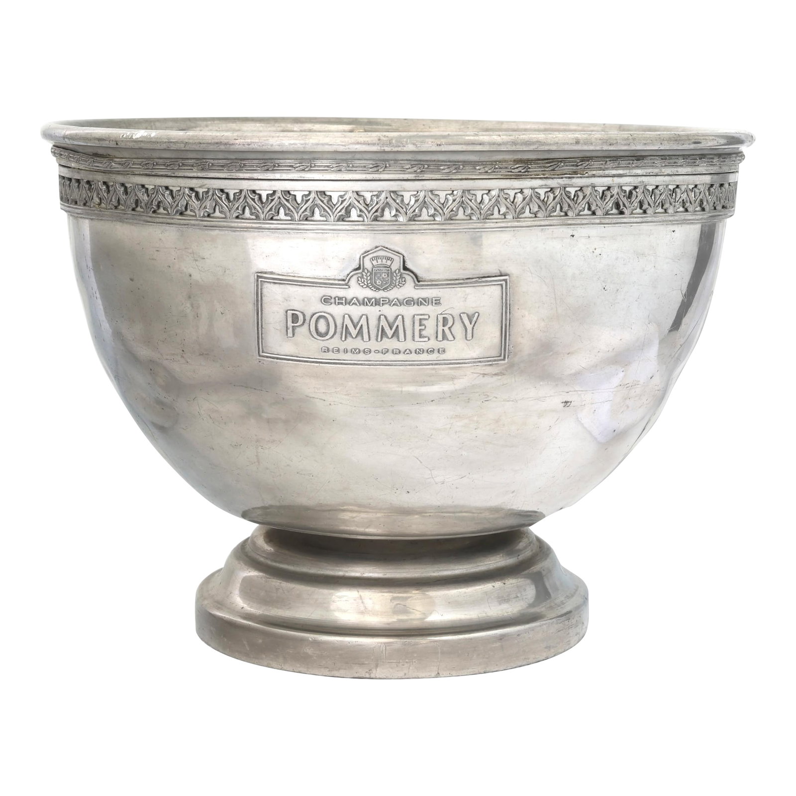 French Pommery Multi Bottle Champagne Cooler: Early 20th century French multi-bottle champagne cooler bearing the Pommery Champagne mark, crafted in plated metal with a classic pedestal form and decorative banded rim. Designed to chill multiple