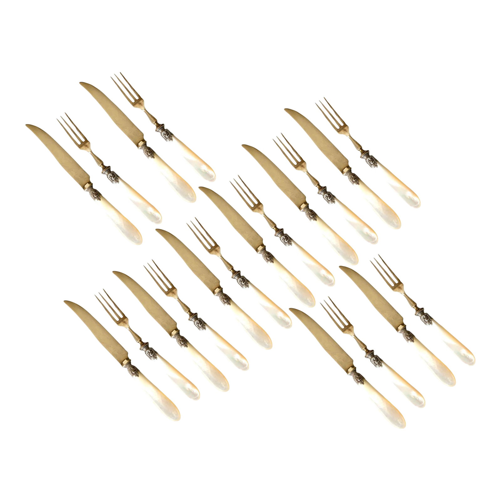 Antique French Pearl & Gilt Dessert Set, 20 Pieces: 19th century French dessert or pastry service featuring luminous mother of pearl handles with decorative silver mounts and gilt blades and tines. Elegant and refined, the set includes ten knives and