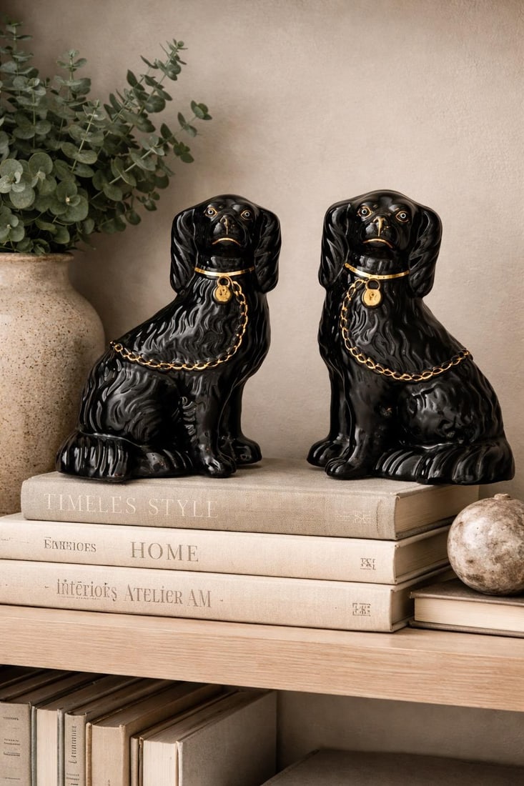 19th Century Staffordshire Jackfield Black Spaniels / Dogs - 4