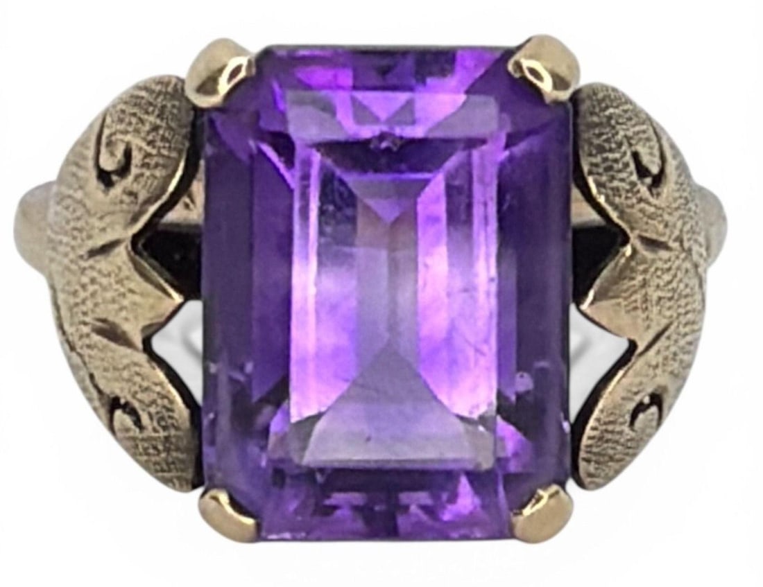Art Deco 14k Gold Emerald-Cut Amethyst Ring - 2