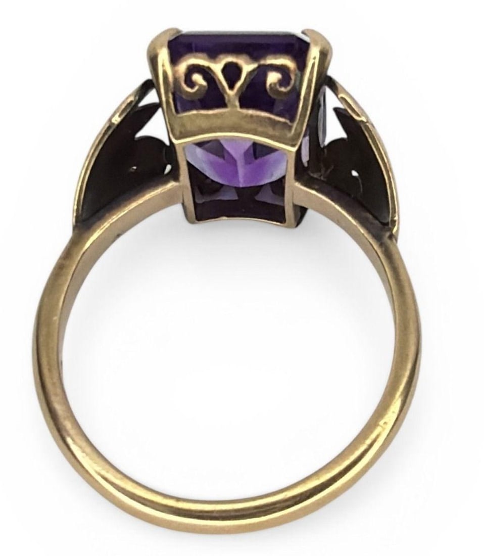 Art Deco 14k Gold Emerald-Cut Amethyst Ring - 4