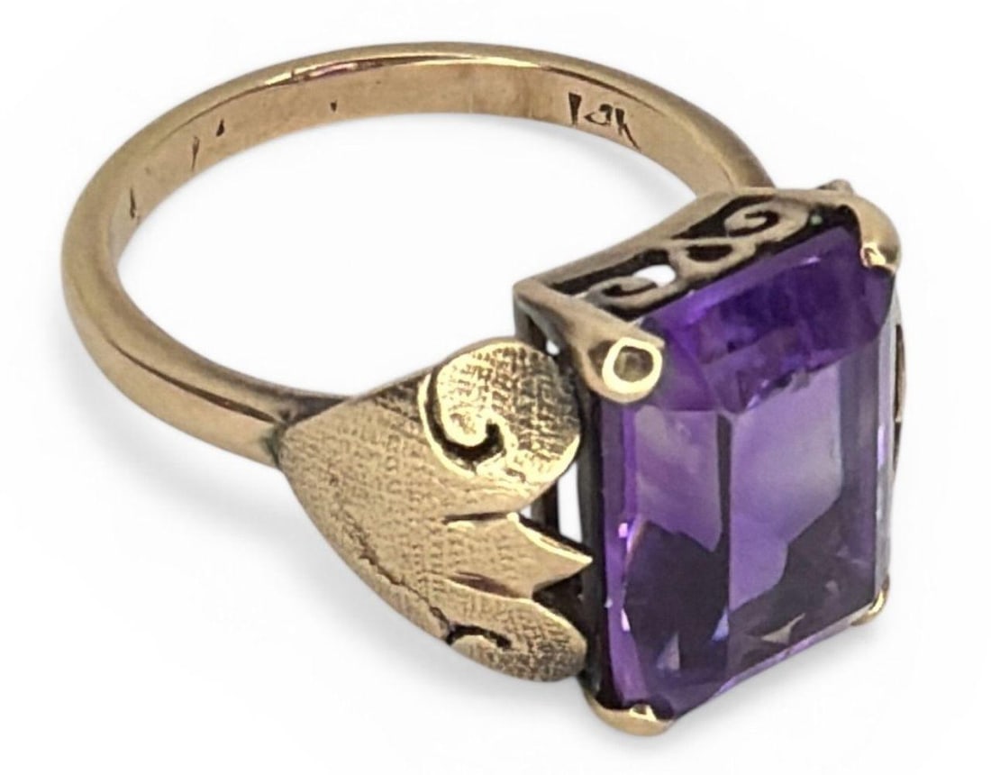 Art Deco 14k Gold Emerald-Cut Amethyst Ring - 5