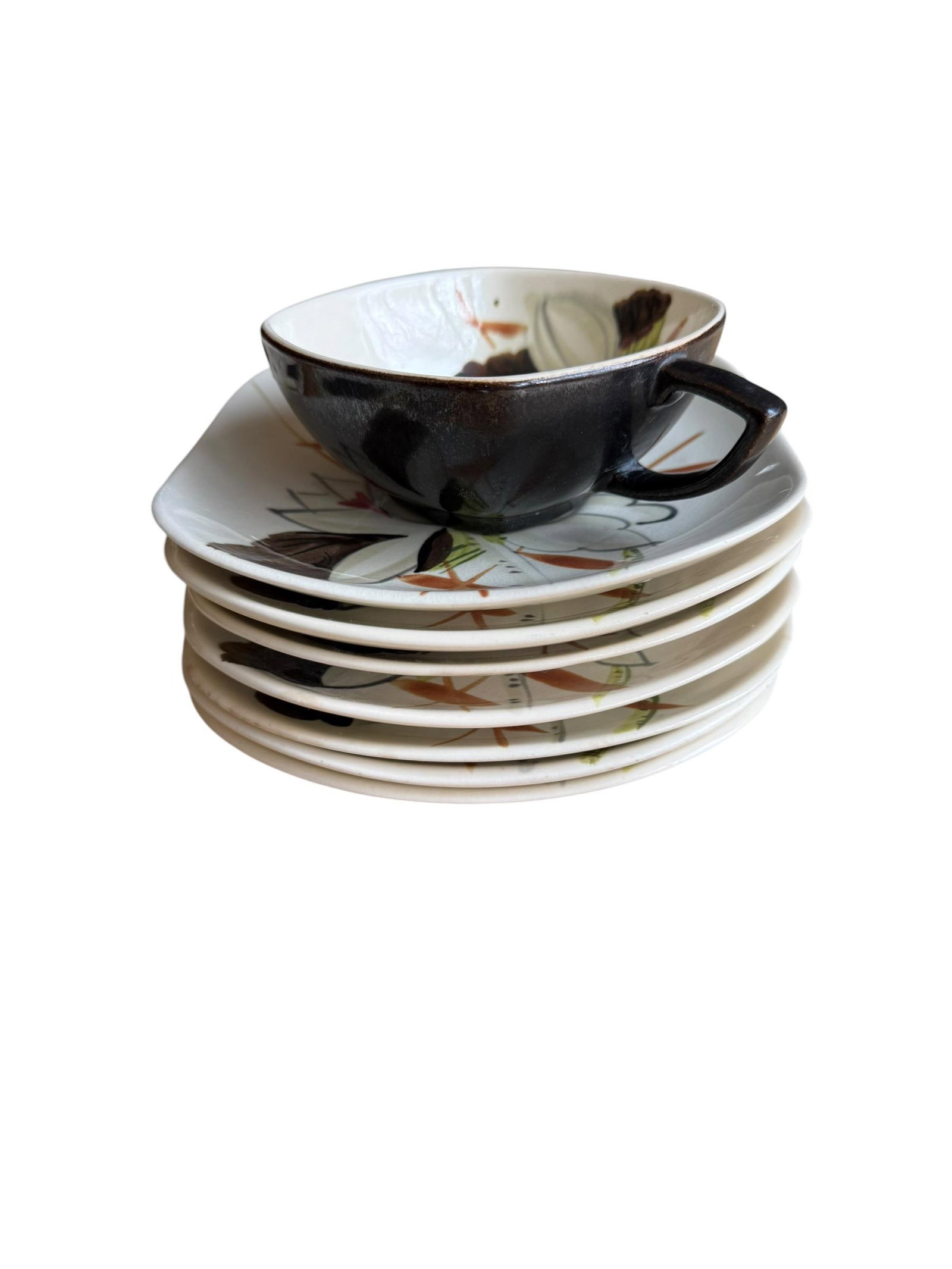 1950's Red Wing Pottery Lotus Pattern Square Dinner Plates Saucers Cup Set of 7 - 9