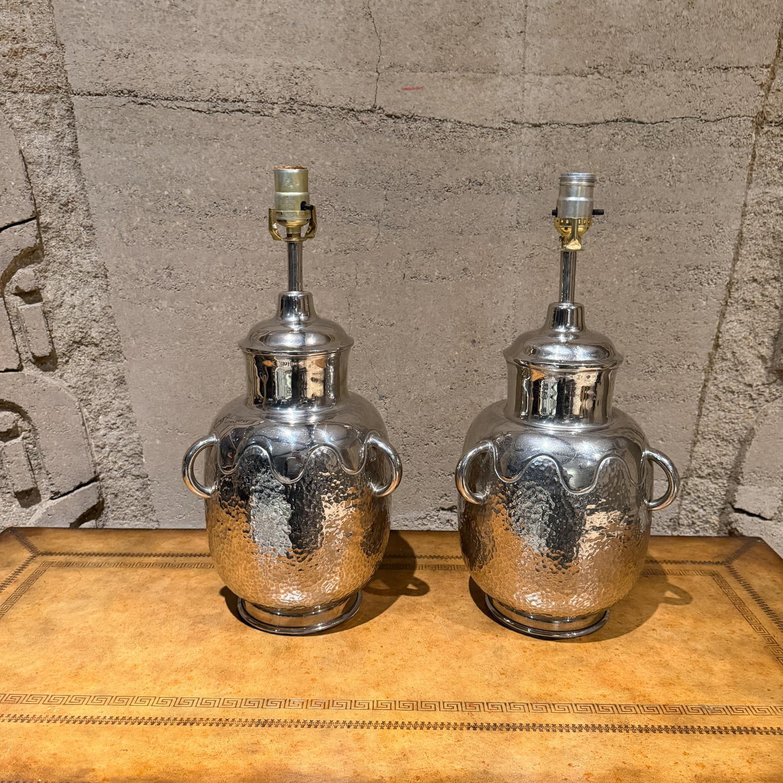 Decorative Pair Hammered Metal Table Lamps Polished Chrome Finish - 12