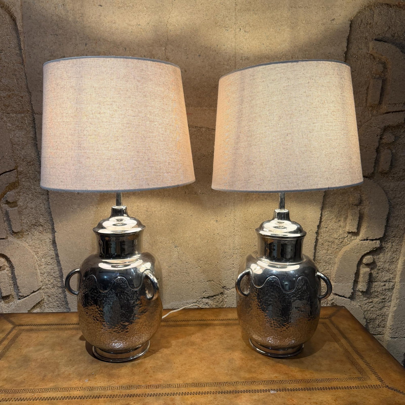 Decorative Pair Hammered Metal Table Lamps Polished Chrome Finish - 2