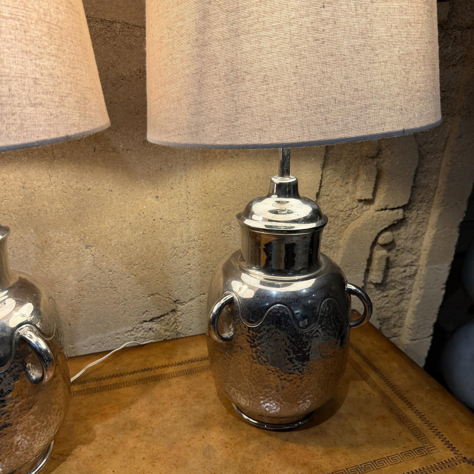 Decorative Pair Hammered Metal Table Lamps Polished Chrome Finish - 3