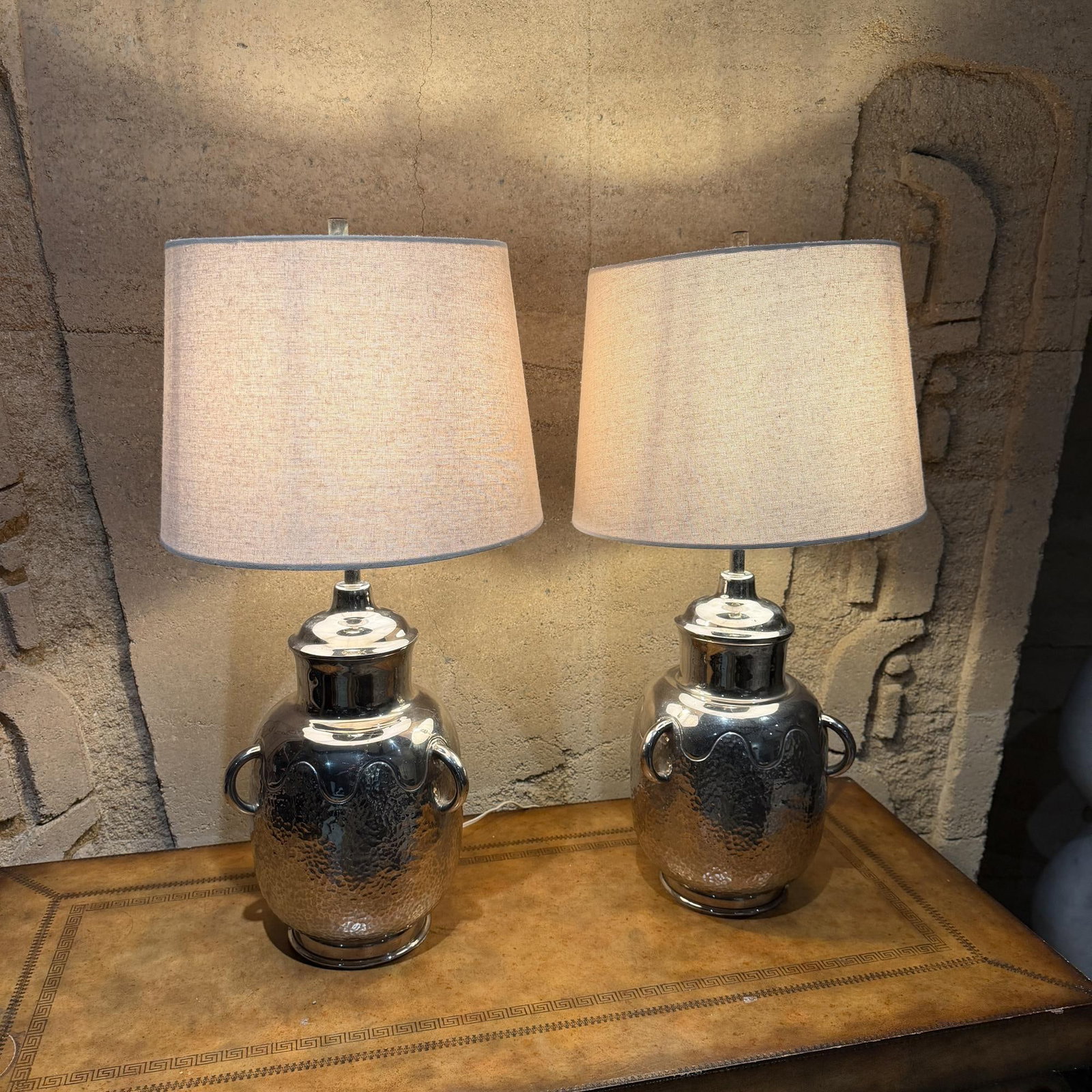 Decorative Pair Hammered Metal Table Lamps Polished Chrome Finish - 4