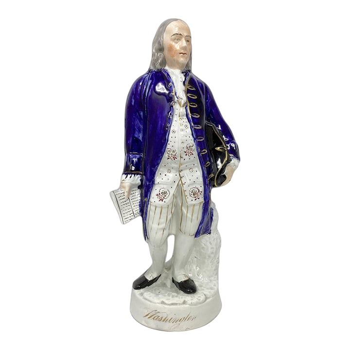 Staffordshire Figure of Benjamin Franklin, Incorrectly Named Washington.: This large Staffordshire pottery figure depicts an elegant standing Benjamin Franklin with the name "Washington" in gold enamel around the base. According to the entry for a similar figure at the