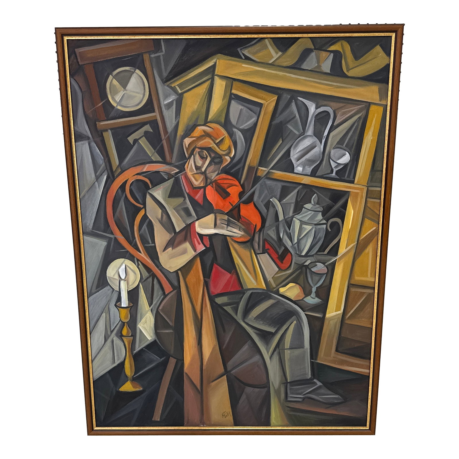 Large Vintage Cubist Expressionist Oil Painting Signed