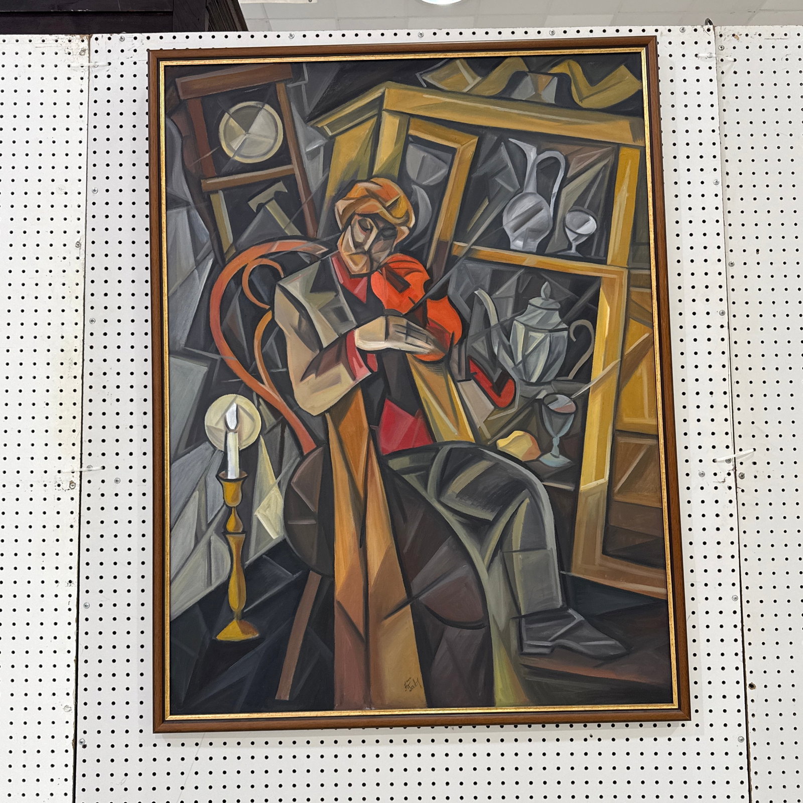 Large Vintage Cubist Expressionist Oil Painting Signed - 2