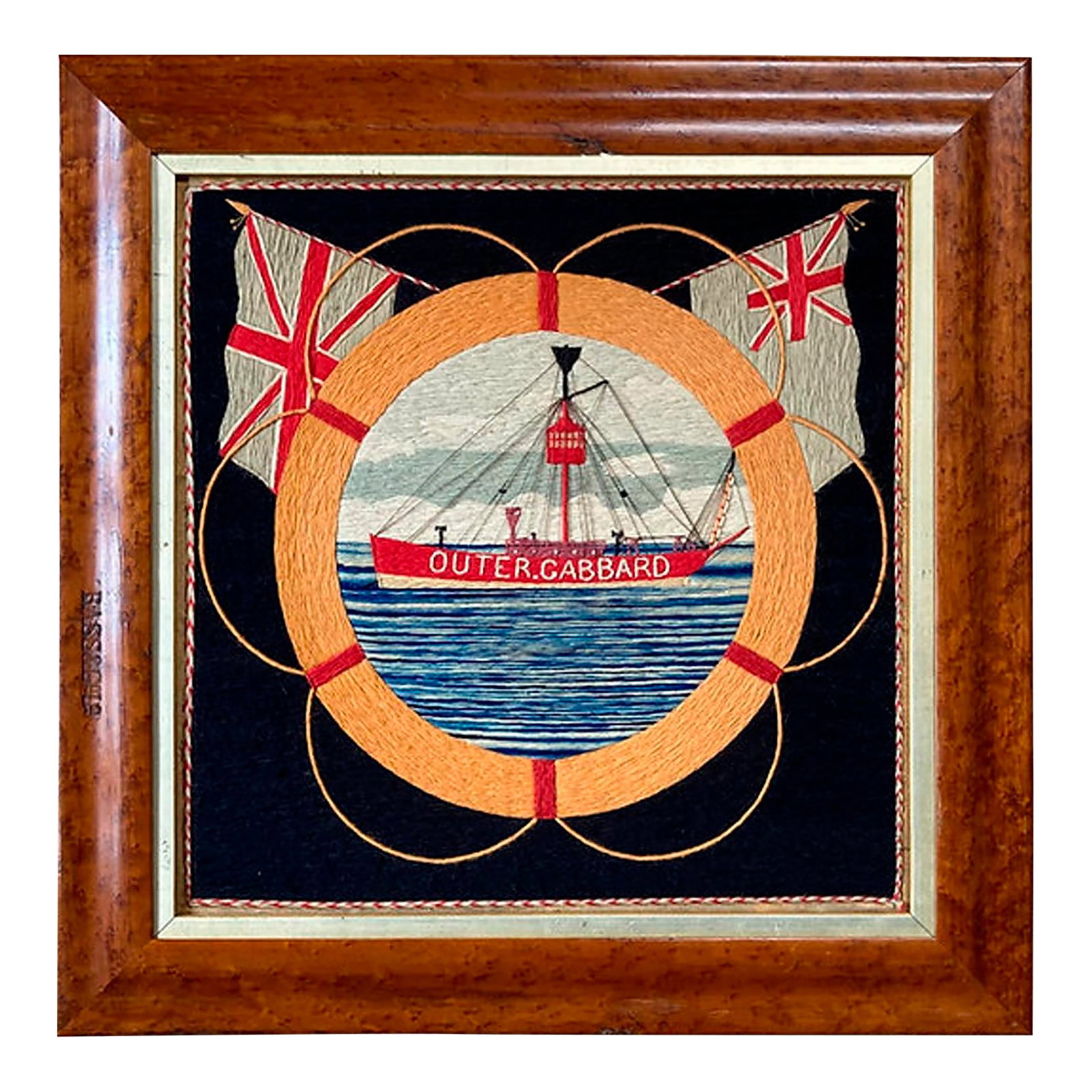 British Sailor's Woolwork of a Named Lightship Stationed Off Suffolk, England: Safe Harbor: British Sailor's Woolwork of the "˜Outer Gabbard' Lightship Circa 1910 This rare and evocative sailor's woolwork, or "woolie," serves as a folk-art tribute to the Outer Gabbard