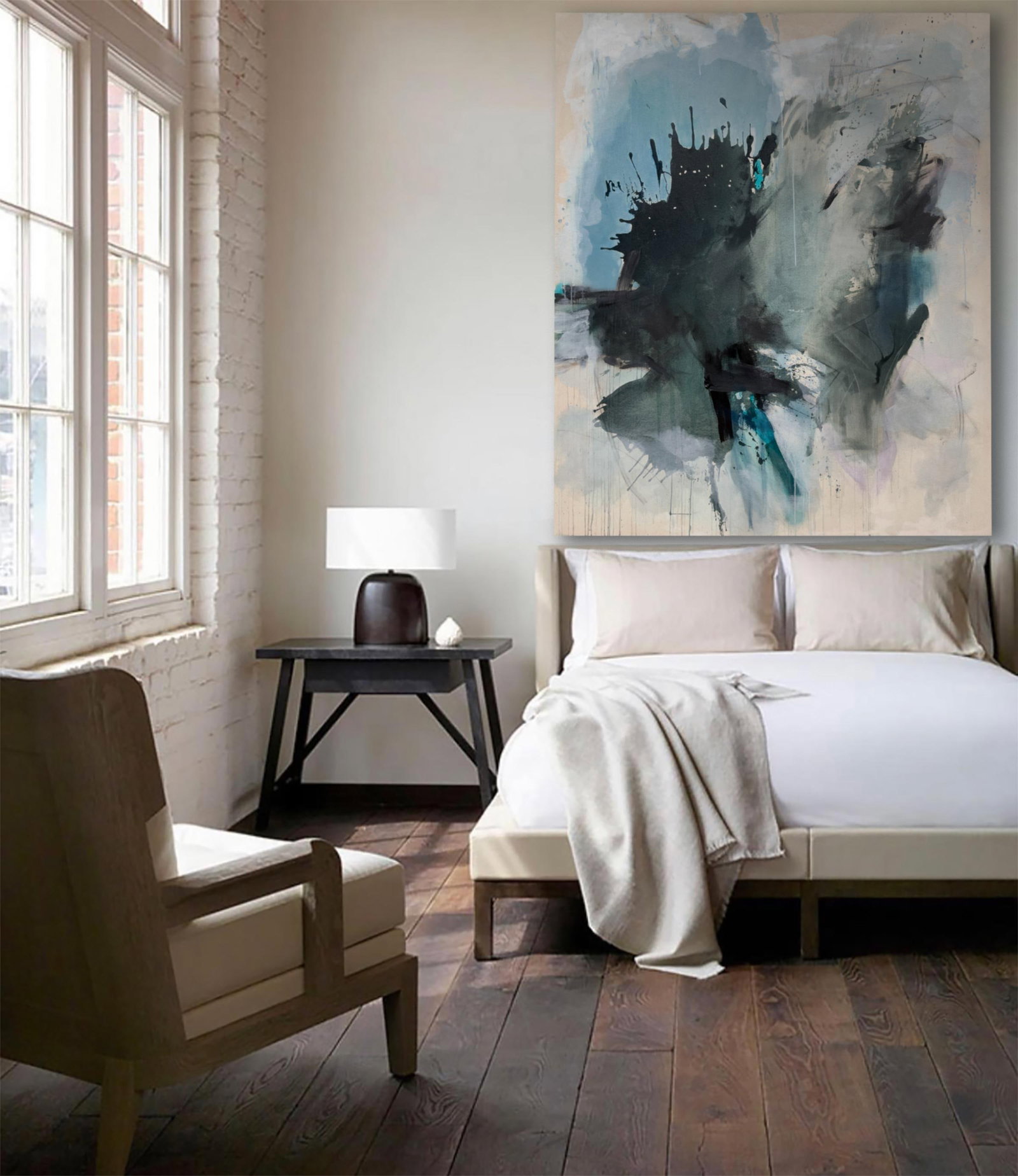 Sings My Soul Oversized Lyrical Abstraction Painting in Dark Green and Blue by Stacey Warnix - 2