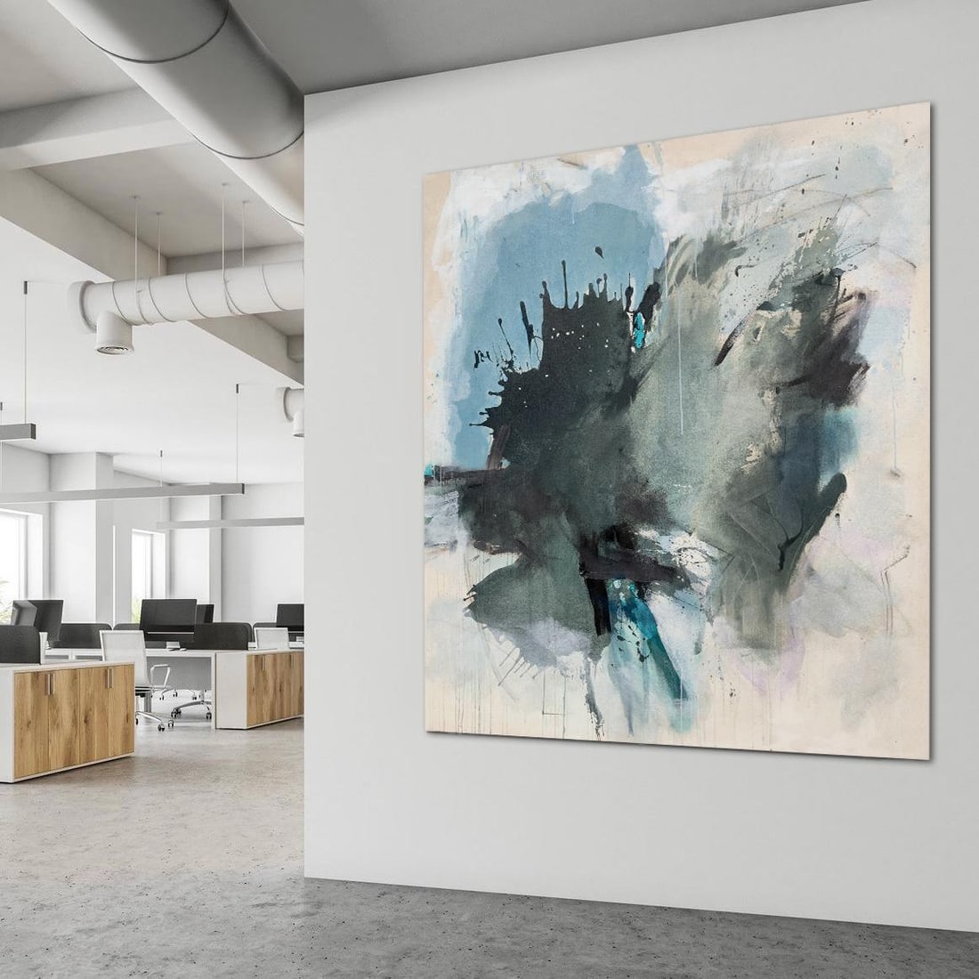 Sings My Soul Oversized Lyrical Abstraction Painting in Dark Green and Blue by Stacey Warnix - 3