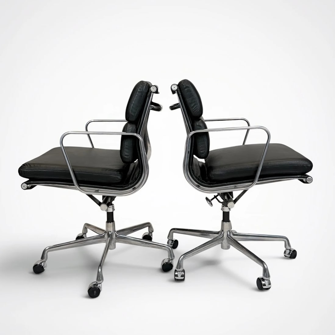 Pair of Eames Aluminum Group Soft Pad Management Chairs by Herman Miller - Black Leather - 2