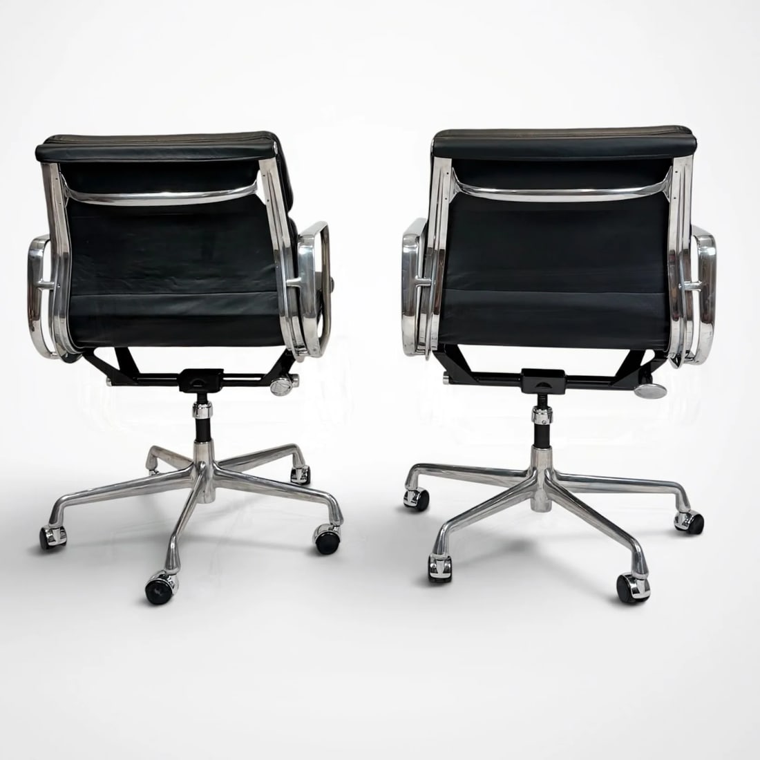 Pair of Eames Aluminum Group Soft Pad Management Chairs by Herman Miller - Black Leather - 4