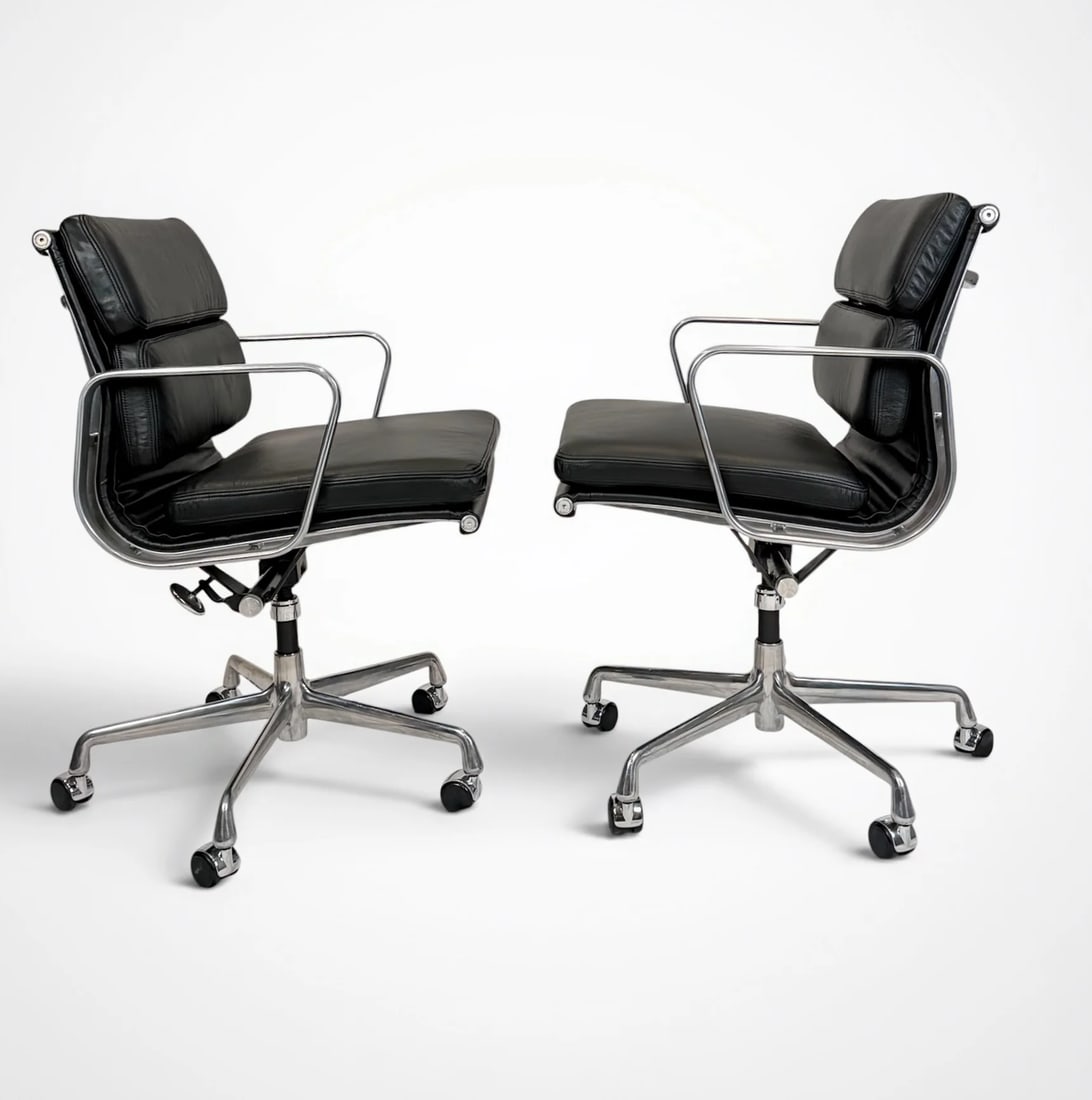 Pair of Eames Aluminum Group Soft Pad Management Chairs by Herman Miller - Black Leather - 5