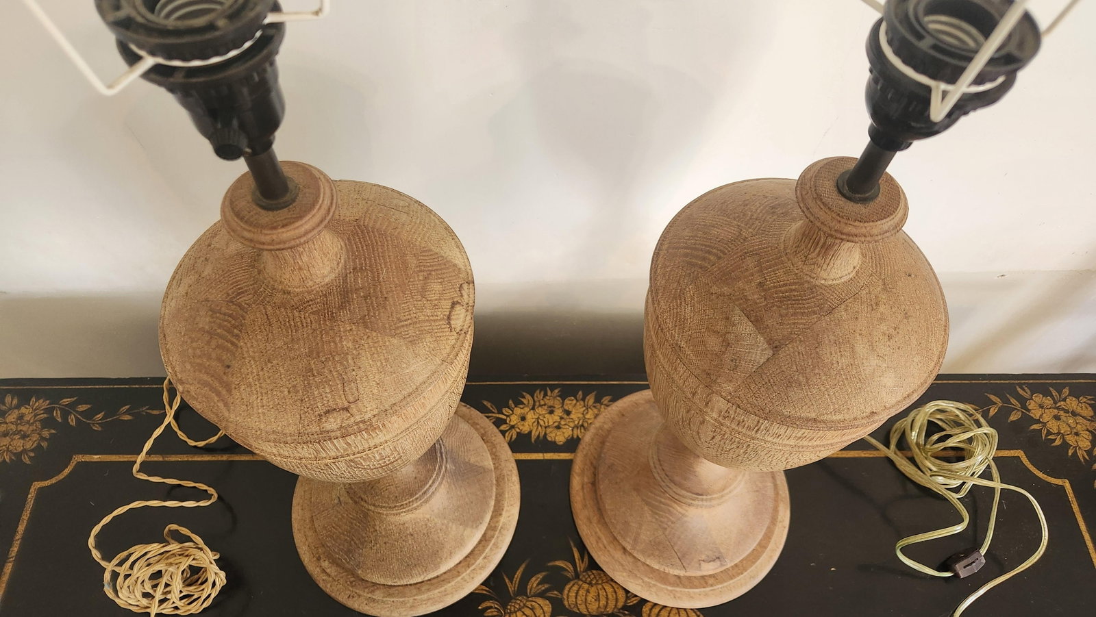 Vintage Natural Wood Urn Table Lamps, Turned Solid Oak / Ash Style - a Pair - 5